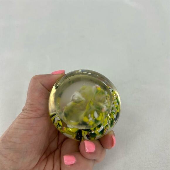 Vintage Yellow Floral Art Glass Paperweight White Accent Design - Picture 3 of 8